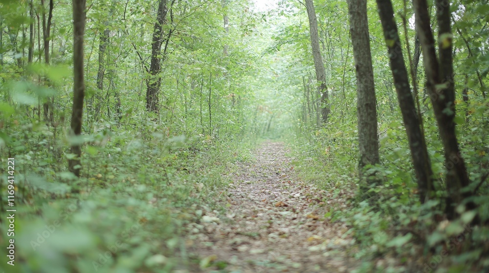 Obraz premium Serene Path Through Lush Green Forest - Nature Trail in Woodland - Tranquil Setting