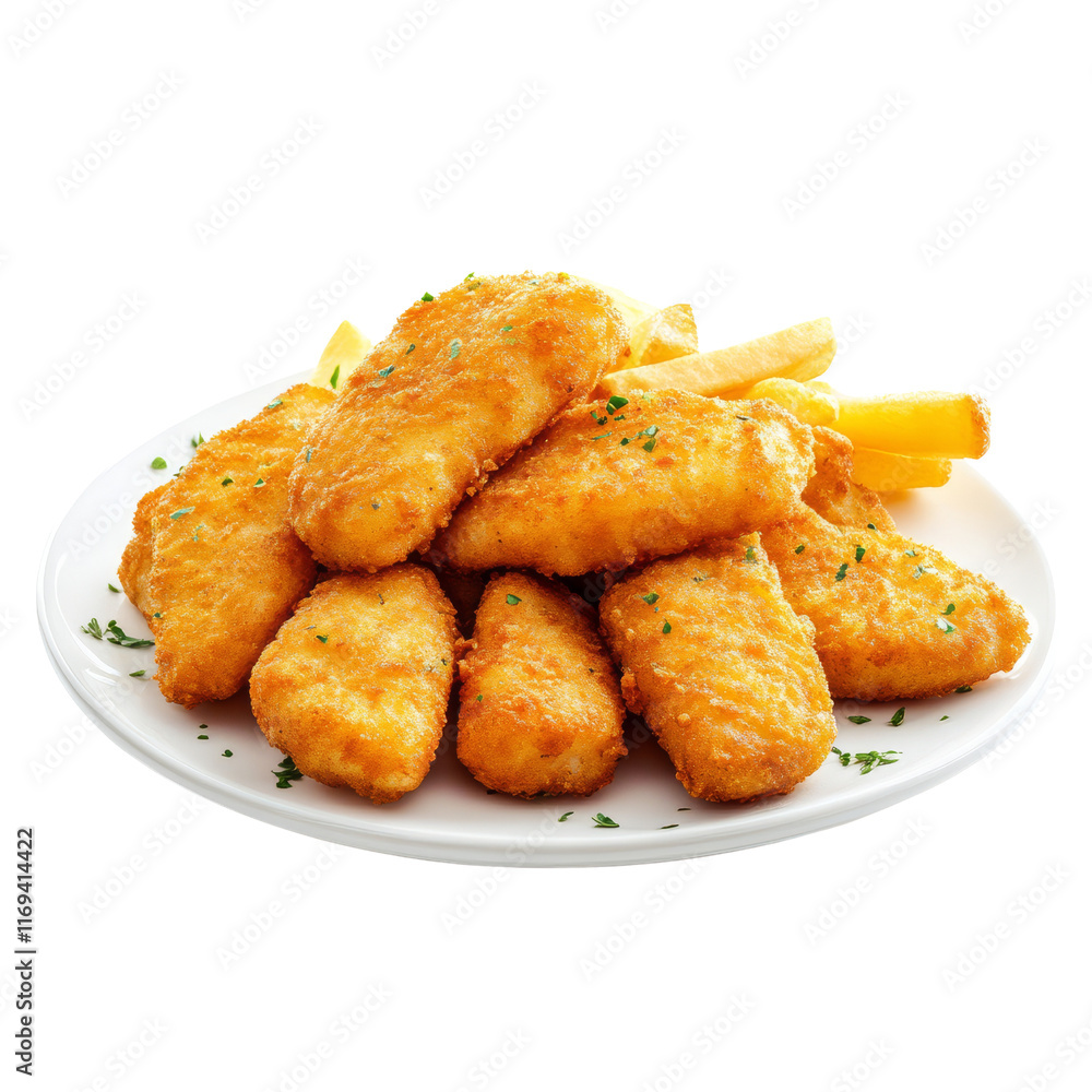 A plate of golden, crispy chicken nuggets accompanied by golden fries, garnished with herbs. A plate of golden, crispy chicken nuggets accompanied by golden fries, garnished with herbs.