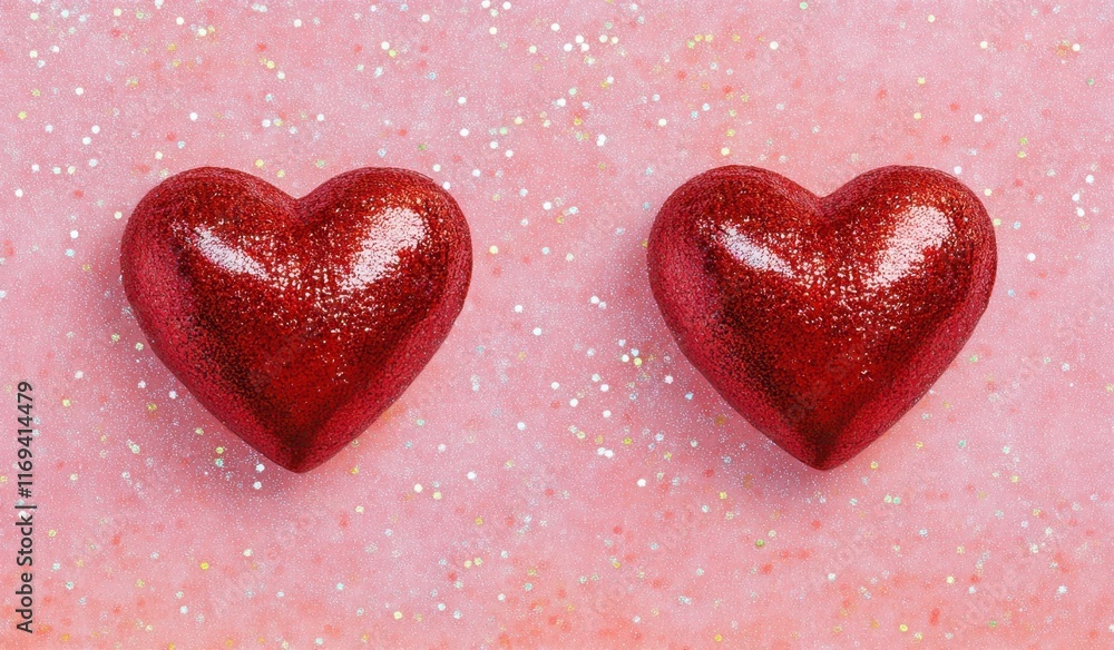 Fototapeta premium Two red hearts on a pink glittery background with copy space for a Valentine's Day celebration, a romantic wallpaper Generative AI