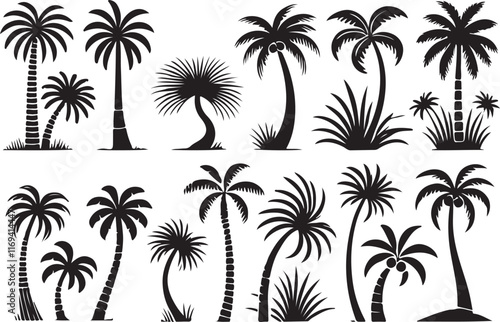 A silhouette of three palm trees black