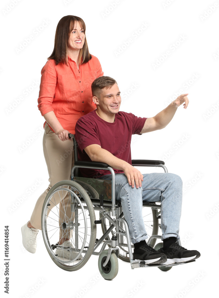 Caregiver with man in wheelchair on white background Caregiver with man in wheelchair on white background