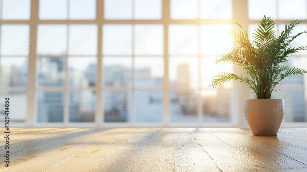 Fototapeta premium Sunny room, city view, empty table