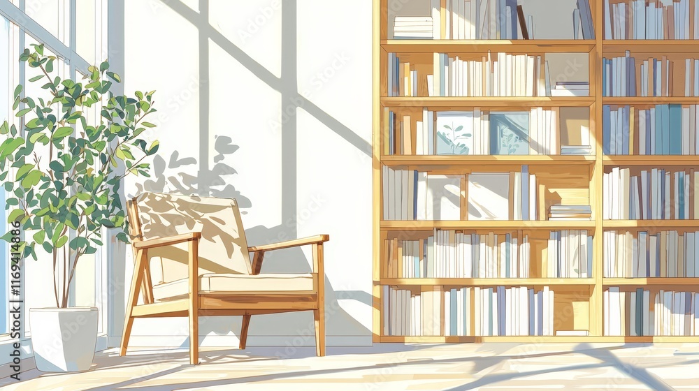 Sunny Reading Nook with Comfortable Armchair and Bookshelves Filled with Literature Sunny Reading Nook with Comfortable Armchair and Bookshelves Filled with Literature