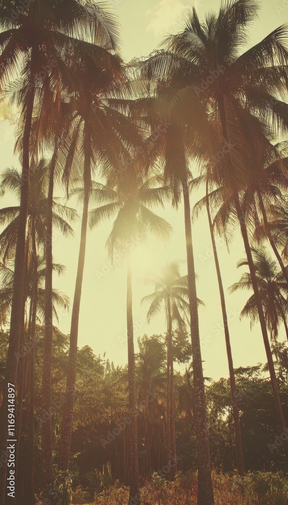 Sunlit palm trees in a tropical grove, a serene and idyllic scene. Sunlit palm trees in a tropical grove, a serene and idyllic scene.