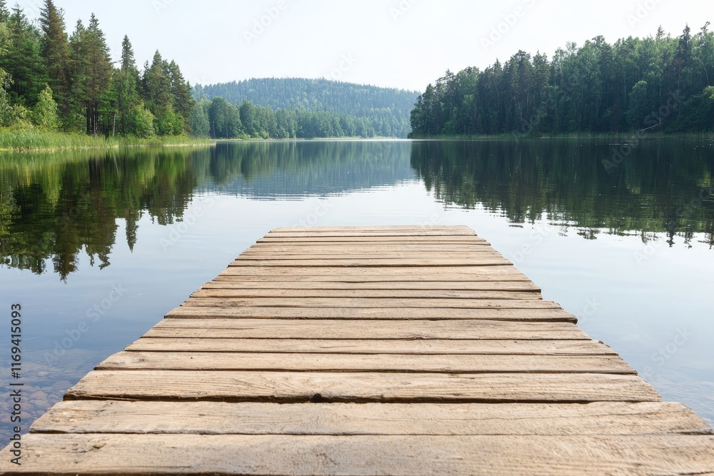 Fototapeta premium Tranquil Wooden Dock Extending into Serene Forest Lake Waters
