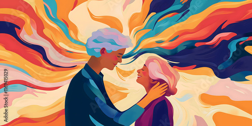 Supportive moment between two individuals with vibrant abstract swirls symbolizing emotional connection, understanding, and care, ideal for psychology themes, mental health awareness
