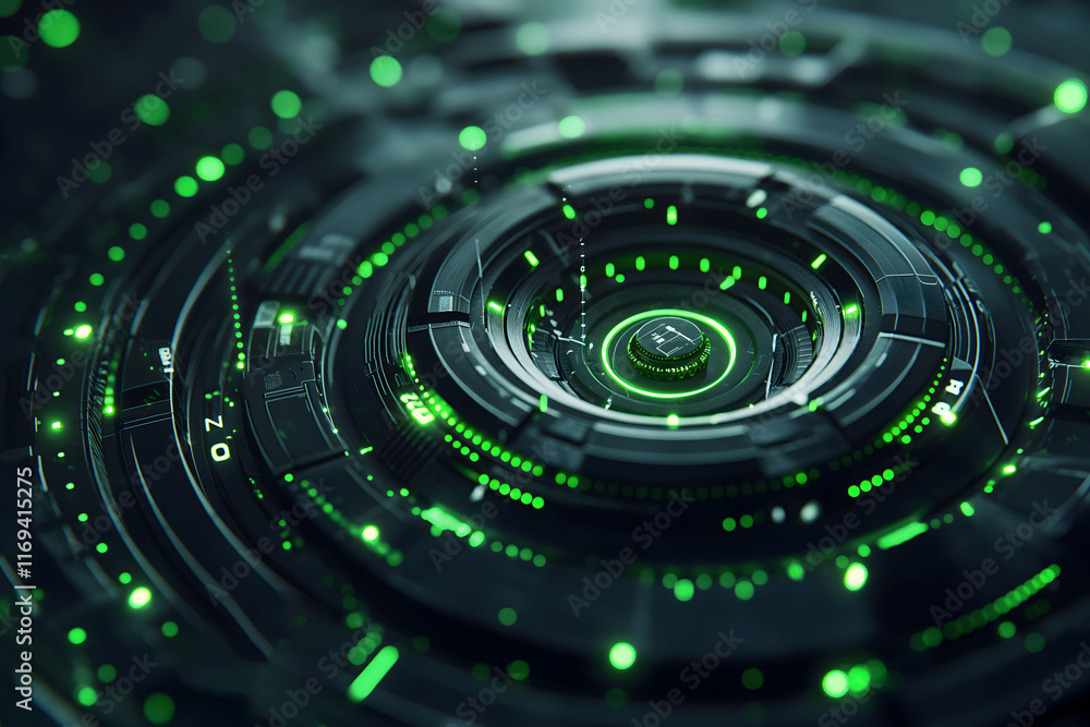 Futuristic digital interface with glowing green circular elements and intricate details, symbolizing advanced technology, innovation, and data visualization in a high-tech environment Futuristic digital interface with glowing green circular elements and intricate details, symbolizing advanced technology, innovation, and data visualization in a high-tech environment