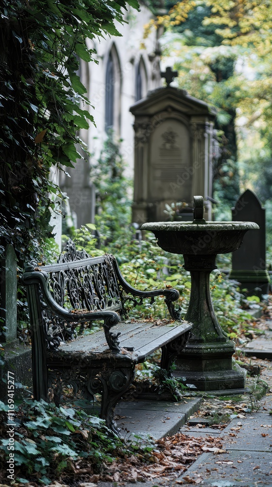 Fototapeta premium Tranquil Cemetery Scene with Stone Fountain and Iron Bench