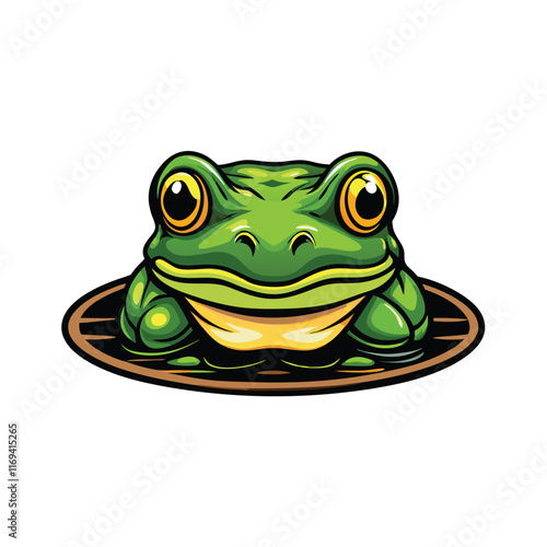 A vector illustration of a green frog with yellow eyes partially submerged in water.