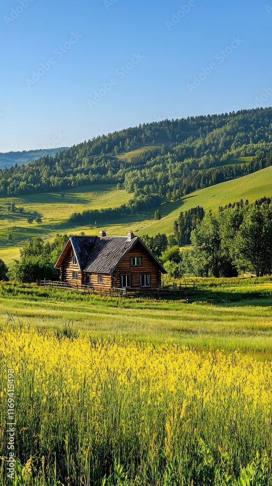 Serene Rural Landscape with Wooden House Amidst Lush Green Hills Serene Rural Landscape with Wooden House Amidst Lush Green Hills
