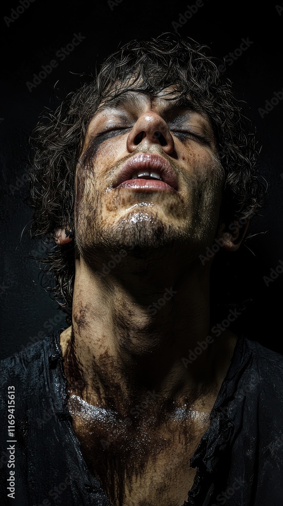 Obraz premium Brooding dark portrait of a young man studio artistic mysterious atmosphere close-up emotional depth
