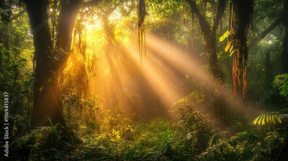 Obraz premium Tropical forest in the morning, with mist filtering through and golden sunlight covering the dense vegetation, background wallpaper AI generated image
