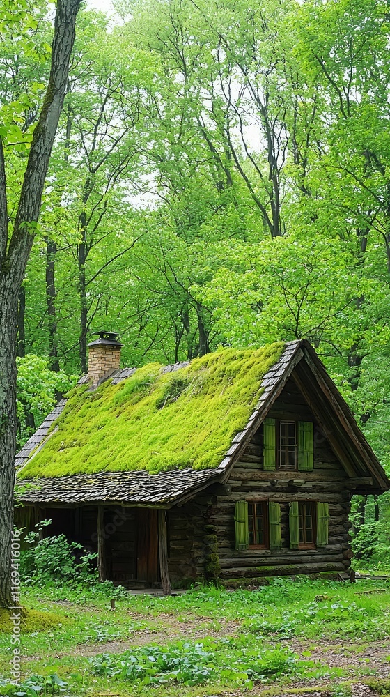Moss-Covered Cabin Surrounded by Lush Green Forest in Nature Moss-Covered Cabin Surrounded by Lush Green Forest in Nature