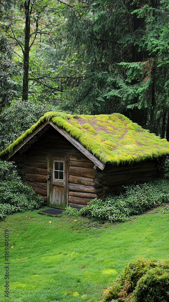 Charming Rustic Cabin Surrounded by Lush Green Forest and Moss Charming Rustic Cabin Surrounded by Lush Green Forest and Moss