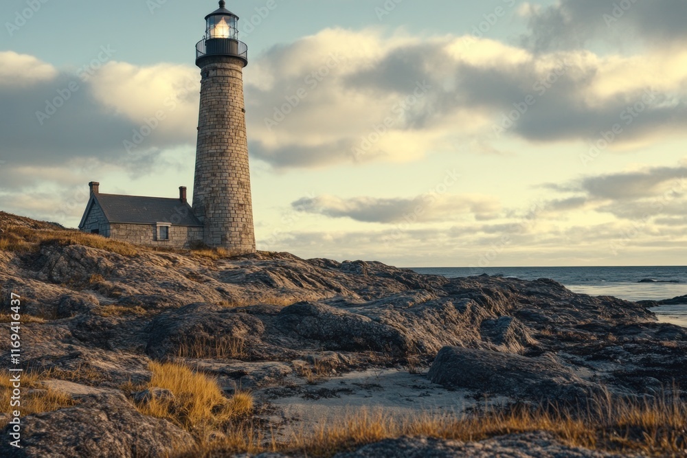 Obraz premium This lighthouse stands tall on a rugged coastline, its light beaconing ships safely as the sun sets behind clouds