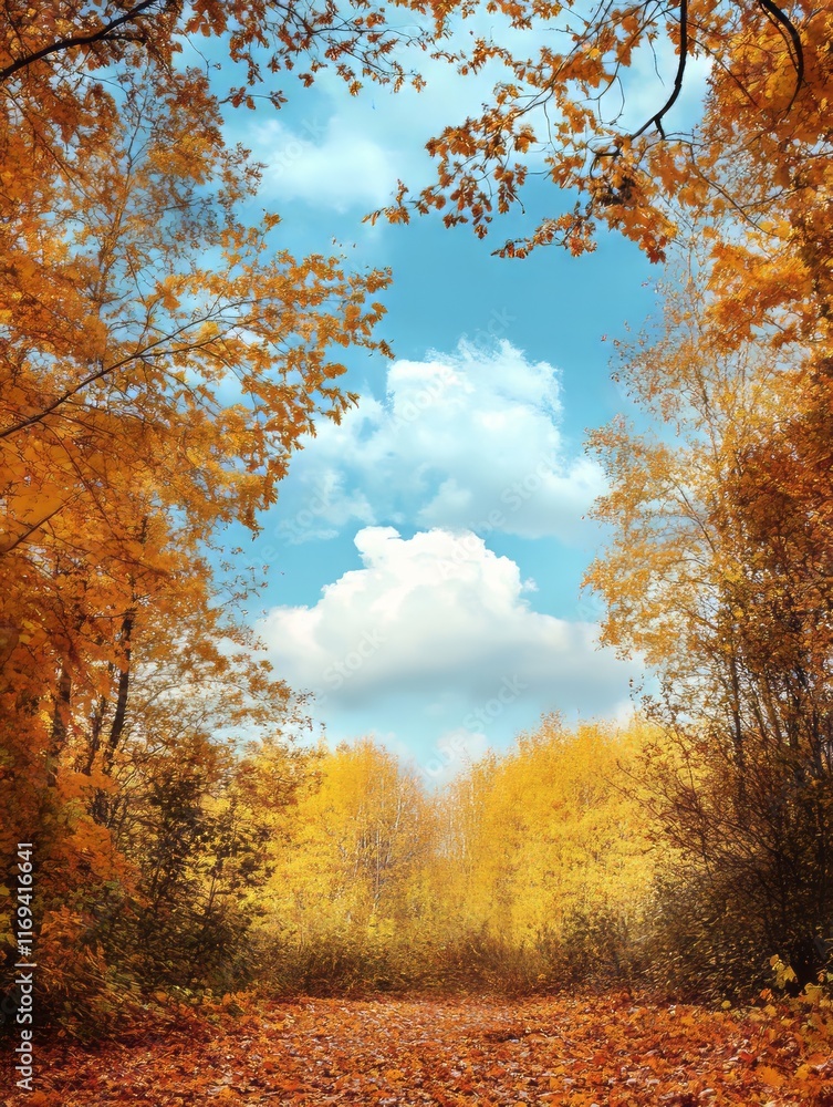 Obraz premium Golden Autumn Leaves Path Forest Scene