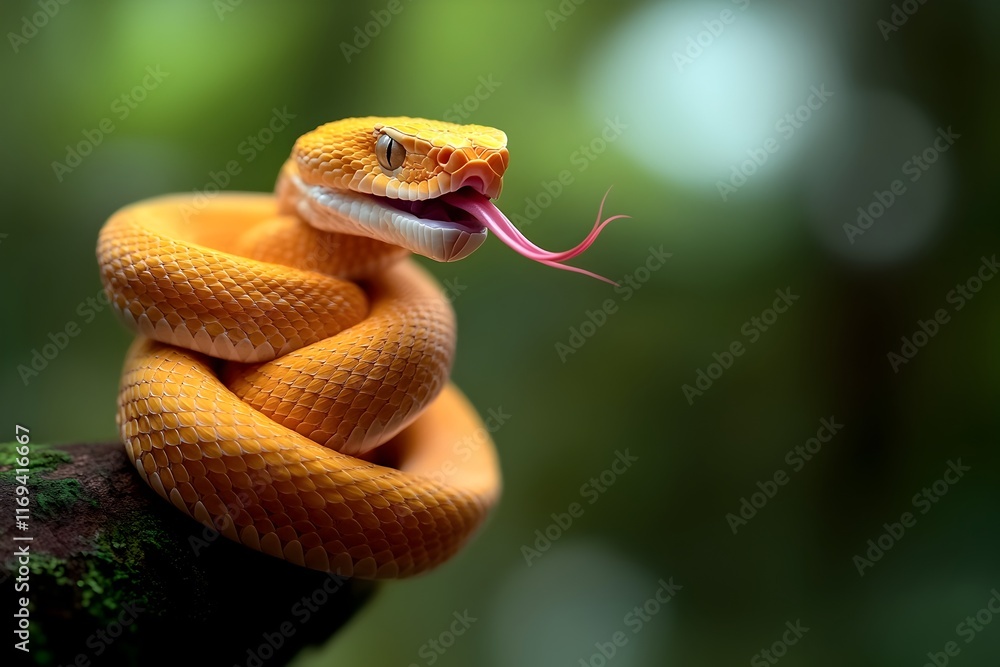 Fototapeta premium Primal Viper Coiled in Protective Stance Sensing Approaching Intruders with Flicking Tongue and Pheromone Charged Energy