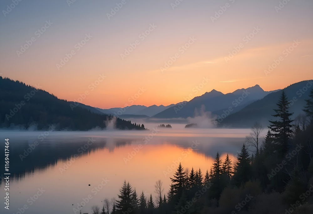 A serene mountain lake at sunrise with mist rising from the water A serene mountain lake at sunrise with mist rising from the water