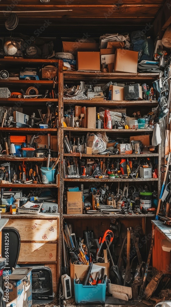 Cluttered Workshop Shelves Filled with Tools and Supplies Cluttered Workshop Shelves Filled with Tools and Supplies