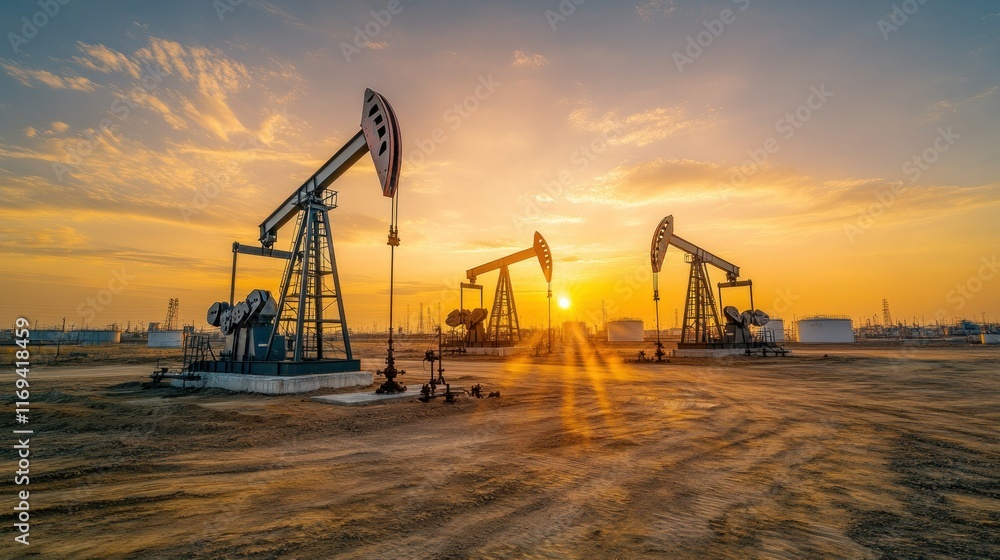 A vast oil field stretches to the horizon, the setting sun shows several oil pumps extracting crude oil, background wallpaper AI generated image A vast oil field stretches to the horizon, the setting sun shows several oil pumps extracting crude oil, background wallpaper AI generated image