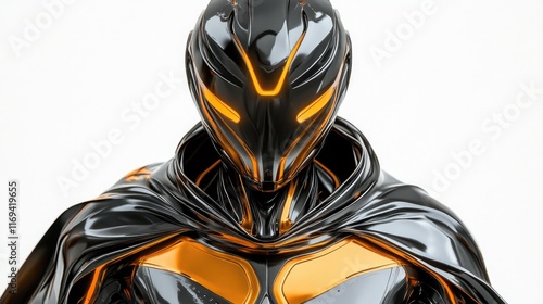 A futuristic warrior with a sleek black and gold suit and glowing orange visor. Ideal for sci-fi games or movies. photo