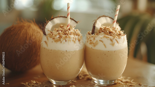 Delicious coconut drinks served in glasses with tropical flair at a beach cafe