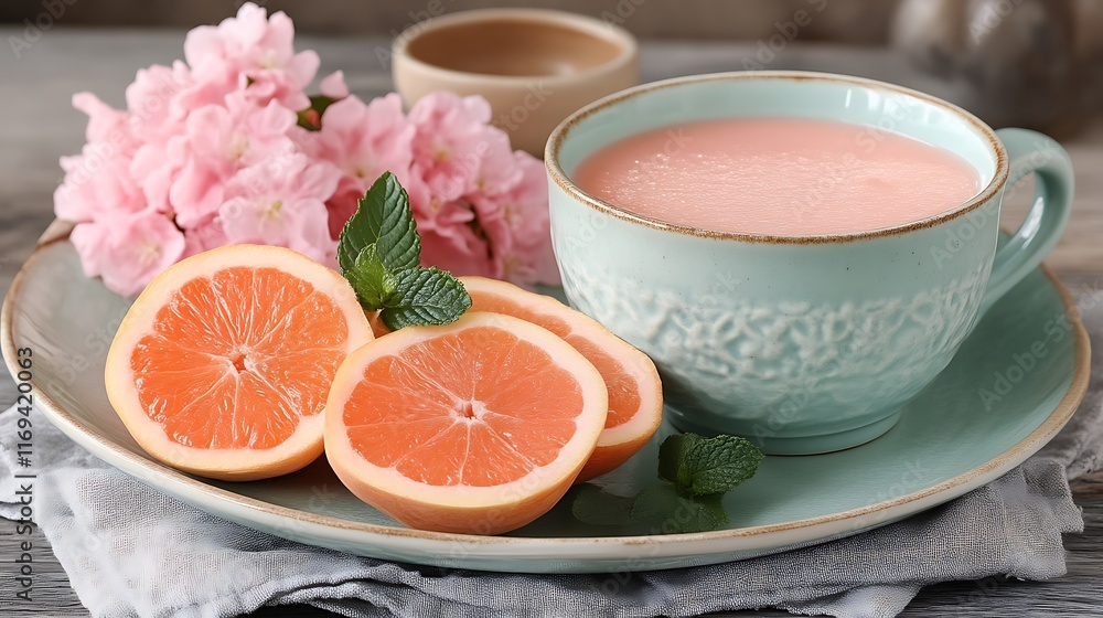 Pink Grapefruit Drink with Flowers and Mint