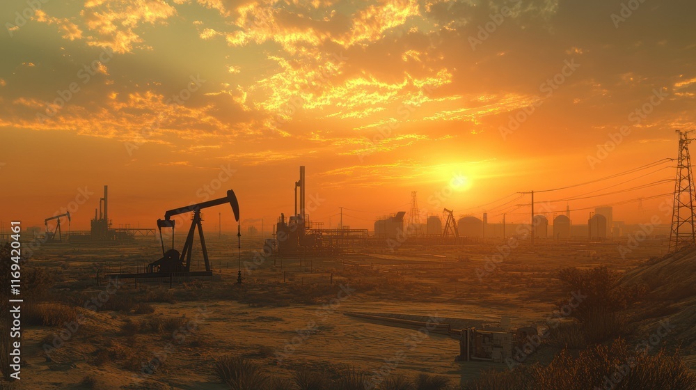 A vast oil field stretches to the horizon, the setting sun shows several oil pumps extracting crude oil, background wallpaper AI generated image A vast oil field stretches to the horizon, the setting sun shows several oil pumps extracting crude oil, background wallpaper AI generated image