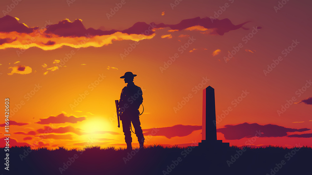 Anzac day sunrise soldier silhouette. Cenotaph. Illustration Anzac day sunrise soldier silhouette. Cenotaph. Illustration