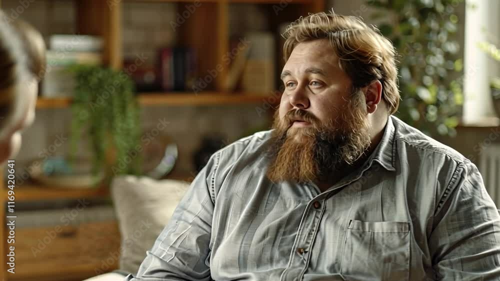 In a cozy therapy setting, a man with a beard discusses his experiences with obesity and mental health with a compassionate therapist. The atmosphere is warm and supportive. In a cozy therapy setting, a man with a beard discusses his experiences with obesity and mental health with a compassionate therapist. The atmosphere is warm and supportive.