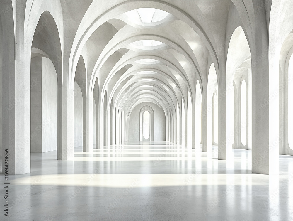 A spacious, modern concrete hall with numerous columns and large, luminous windows provides a striking backdrop for text in this 3D-rendered stock photo A spacious, modern concrete hall with numerous columns and large, luminous windows provides a striking backdrop for text in this 3D-rendered stock photo