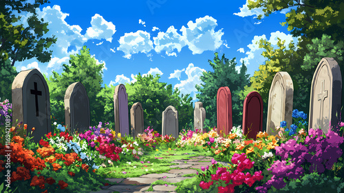 Colorful grave markers surrounded by flowers and greenery under a bright blue sky. Cenotaph. Illustration