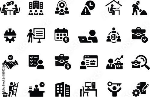 Work icon set. Containing job, career, employment, meeting, organization, teamwork and networking icons. Vector illustration.