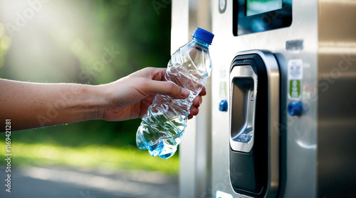 Placing empty plastic bottle into a reverse vending machine. Deposit return system for plastic bottles.  Sustainable waste management, recycling plastic