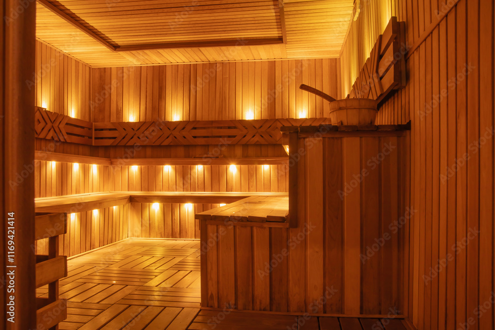 Cozy Interior of a Wooden Sauna with Warm Lighting Cozy Interior of a Wooden Sauna with Warm Lighting