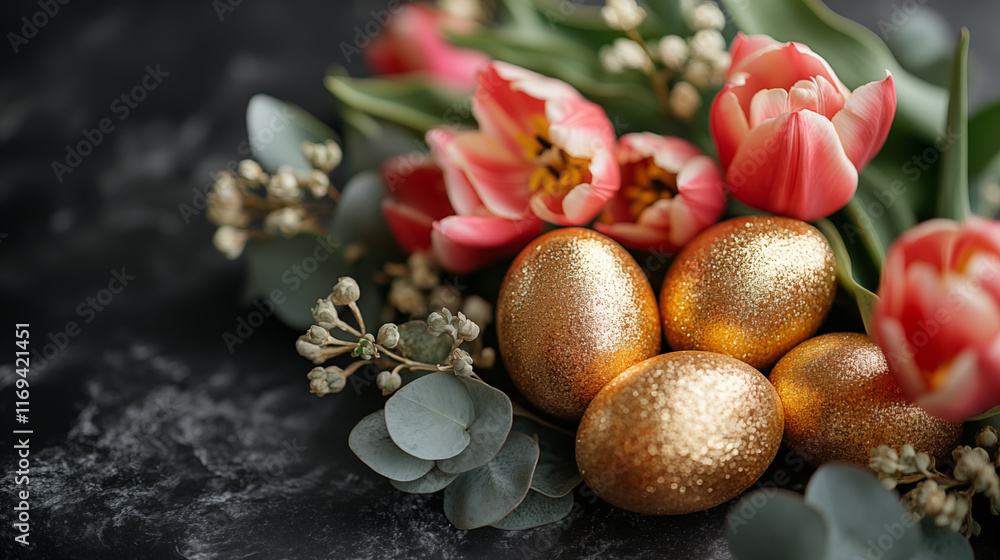 Obraz premium Easter eggs with tulips arrangement on dark surface, elegant holiday decoration