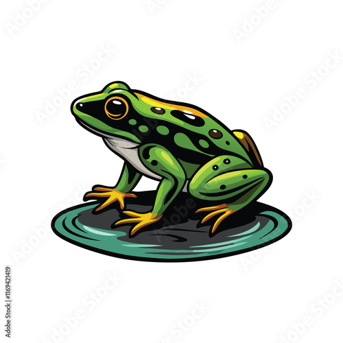 Create a vector illustration of a green frog with yellow accents sitting on a lily pad, with a reflective shadow underneath.