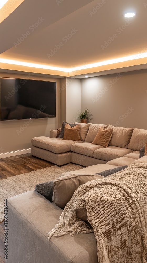 Fototapeta premium Cozy modern living room with comfortable furniture and soft lighting