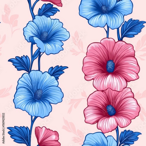 Wallpaper Mural Colorful Floral Pattern with Blue and Pink Flowers on Light Background Torontodigital.ca