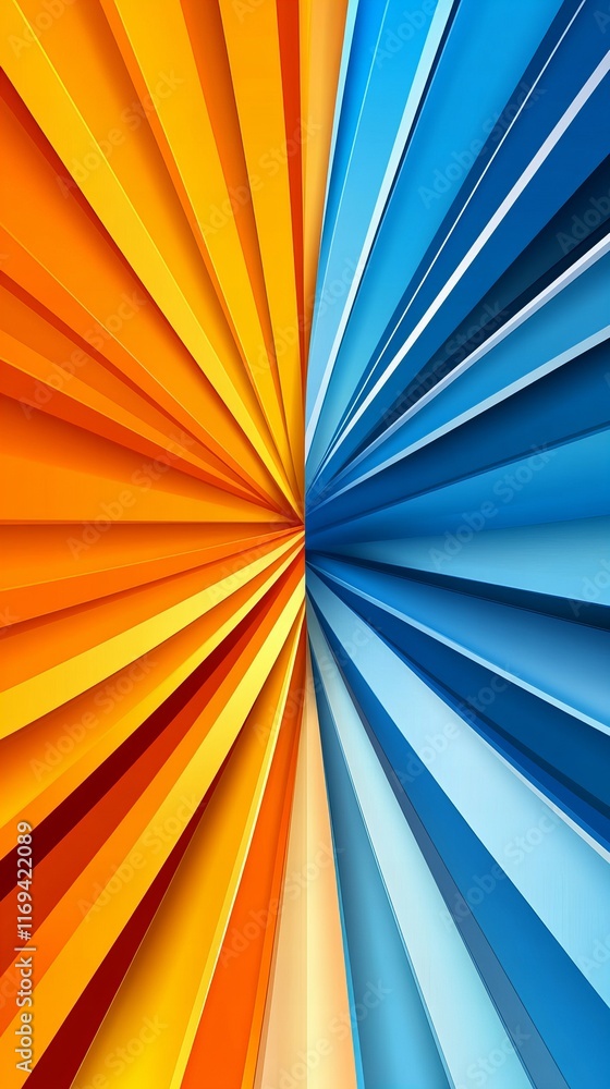 Fototapeta premium Vibrant abstract artwork featuring a dynamic interplay of warm oranges and cool blues. The radiating lines create a sense of movement and energy, perfect for a modern design.