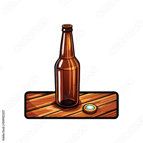 Vector illustration of a half-empty brown beer bottle lying on a wooden surface.