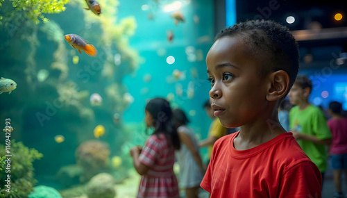 A child of a black traveler admiring a large aquarium in a modern tourist center.