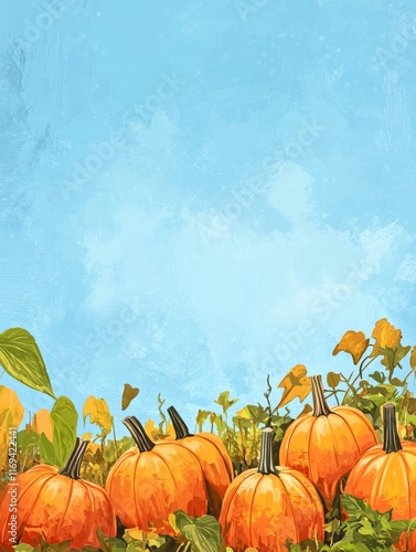 Autumn Pumpkins Against A B...