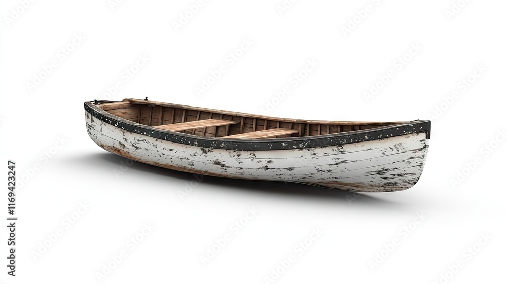 A weathered wooden rowboat with peeling white paint and exposed wood. Ideal for scenes of seaside charm or maritime history. A weathered wooden rowboat with peeling white paint and exposed wood. Ideal for scenes of seaside charm or maritime history.