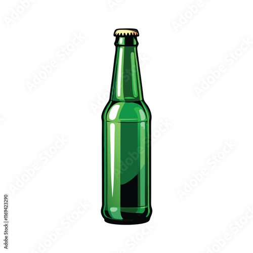 A vector illustration of a sleek, green glass beer bottle with a gold cap.