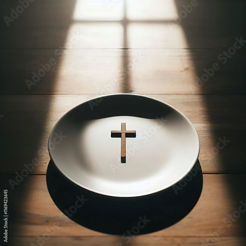 Assiette avec croix chrétienne sur table en bois  photo