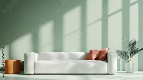 Stylish and contemporary space showcasing light green walls, a minimalist white couch, and vibrant decor elements that brighten the room.