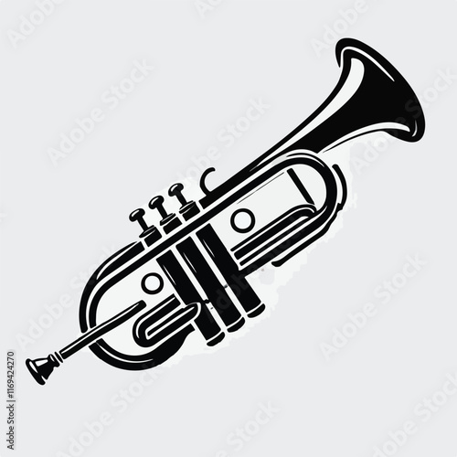 Vector hand drawn illustration of trumpet. Isolated on black.	