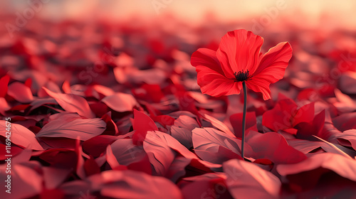 A red flower stands in a field of red leaves. Cenotaph. Illustration