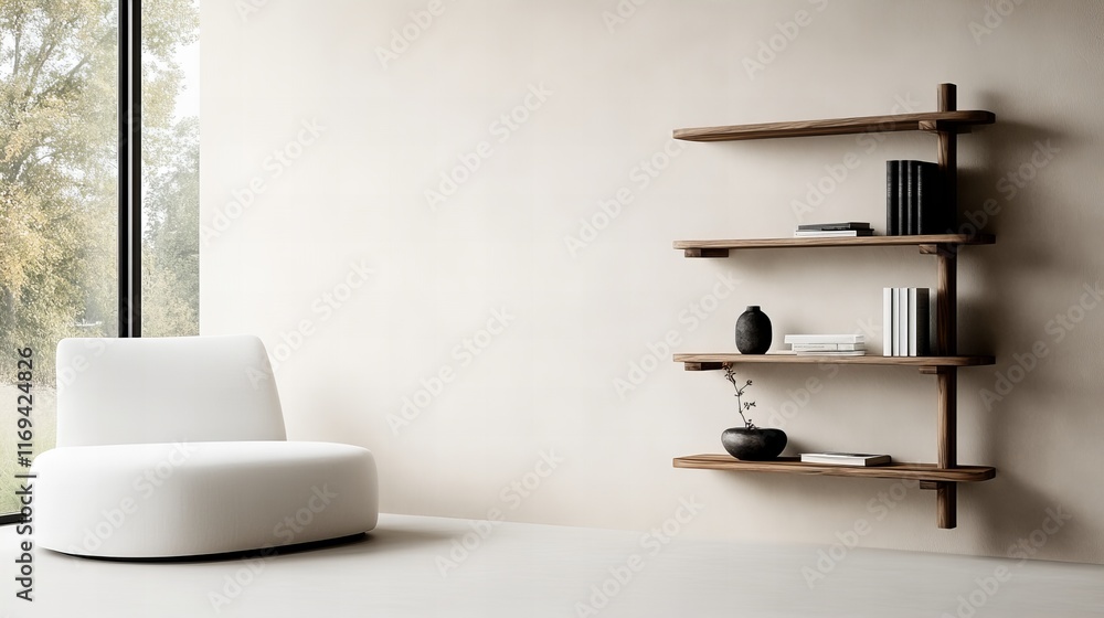 Obraz premium Modern minimalist living room with a white armchair and a wooden shelving unit. Neutral colors and clean lines create a serene atmosphere.
